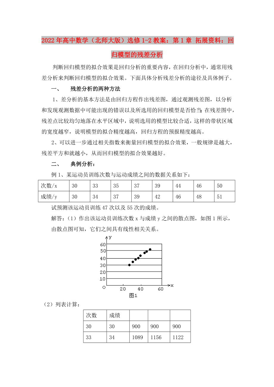 2022年高中数学（北师大版）选修1-2教案：第1章 拓展资料：回归模型的残差分析_第1页