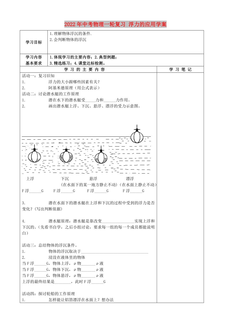 2022年中考物理一輪復(fù)習(xí) 浮力的應(yīng)用學(xué)案_第1頁