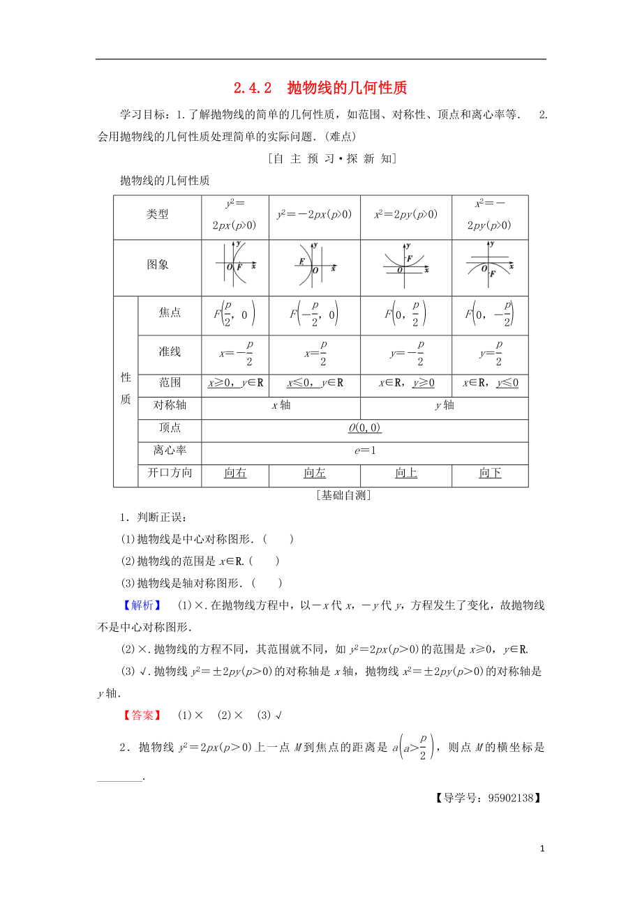 （江蘇專用）2018-2019學年高中數(shù)學 第二章 圓錐曲線與方程 2.4 拋物線 2.4.2 拋物線的幾何性質(zhì)學案 蘇教版選修1-1_第1頁