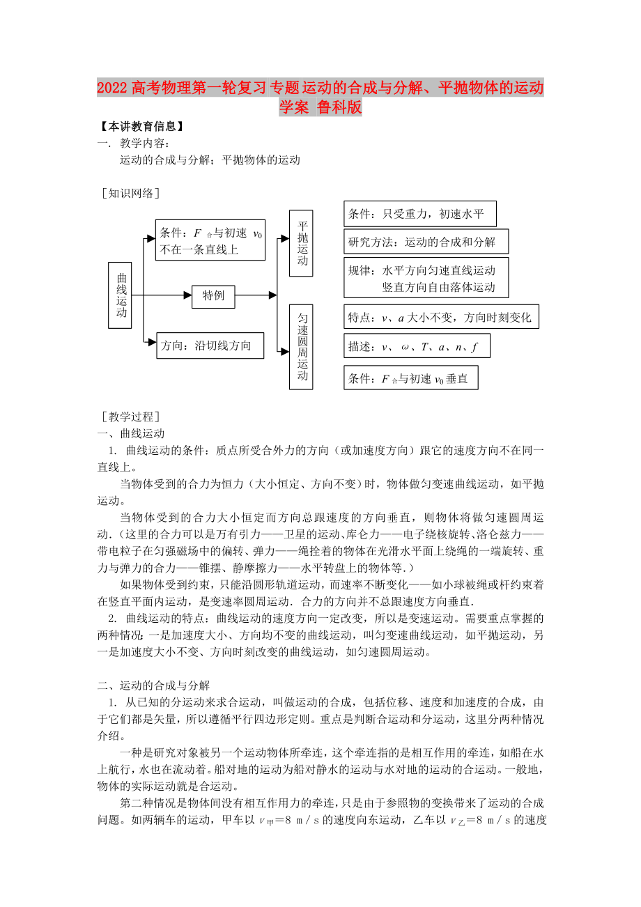 2022高考物理第一輪復(fù)習(xí) 專題 運(yùn)動(dòng)的合成與分解、平拋物體的運(yùn)動(dòng)學(xué)案 魯科版_第1頁(yè)