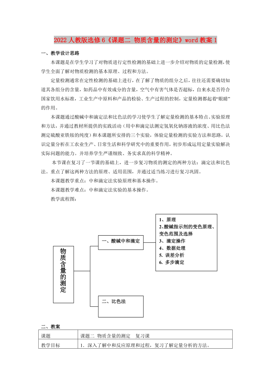 2022人教版選修6《課題二 物質(zhì)含量的測(cè)定》word教案1_第1頁