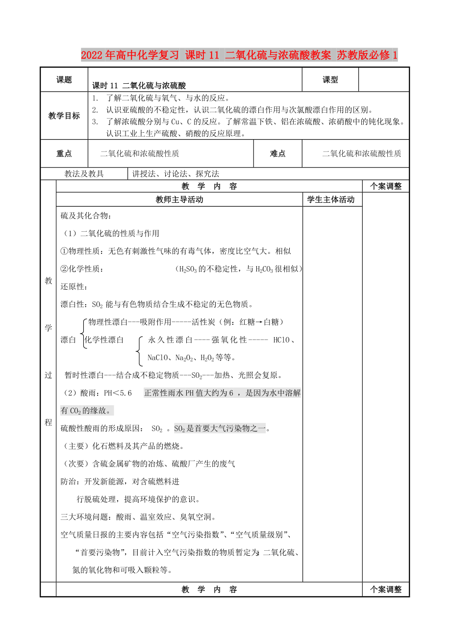 2022年高中化学复习 课时11 二氧化硫与浓硫酸教案 苏教版必修1_第1页