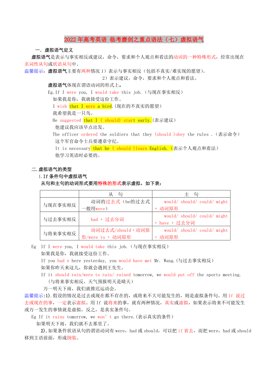 2022年高考英語 臨考磨劍之重點(diǎn)語法（七）虛擬語氣_第1頁