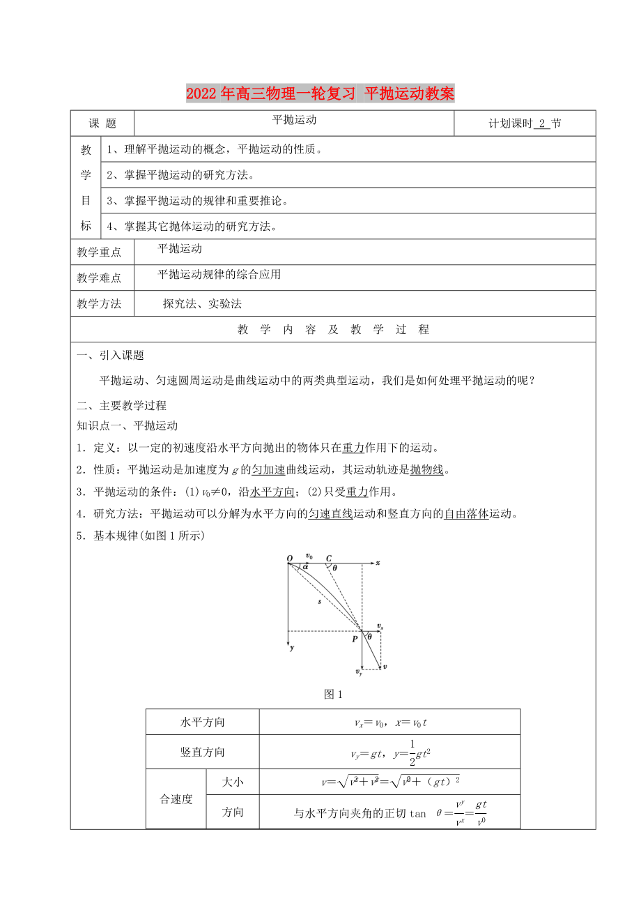 2022年高三物理一輪復(fù)習(xí) 平拋運(yùn)動(dòng)教案_第1頁(yè)