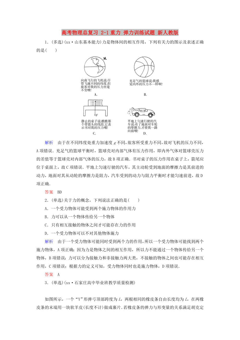 高考物理总复习 2-1重力 弹力训练试题 新人教版_第1页