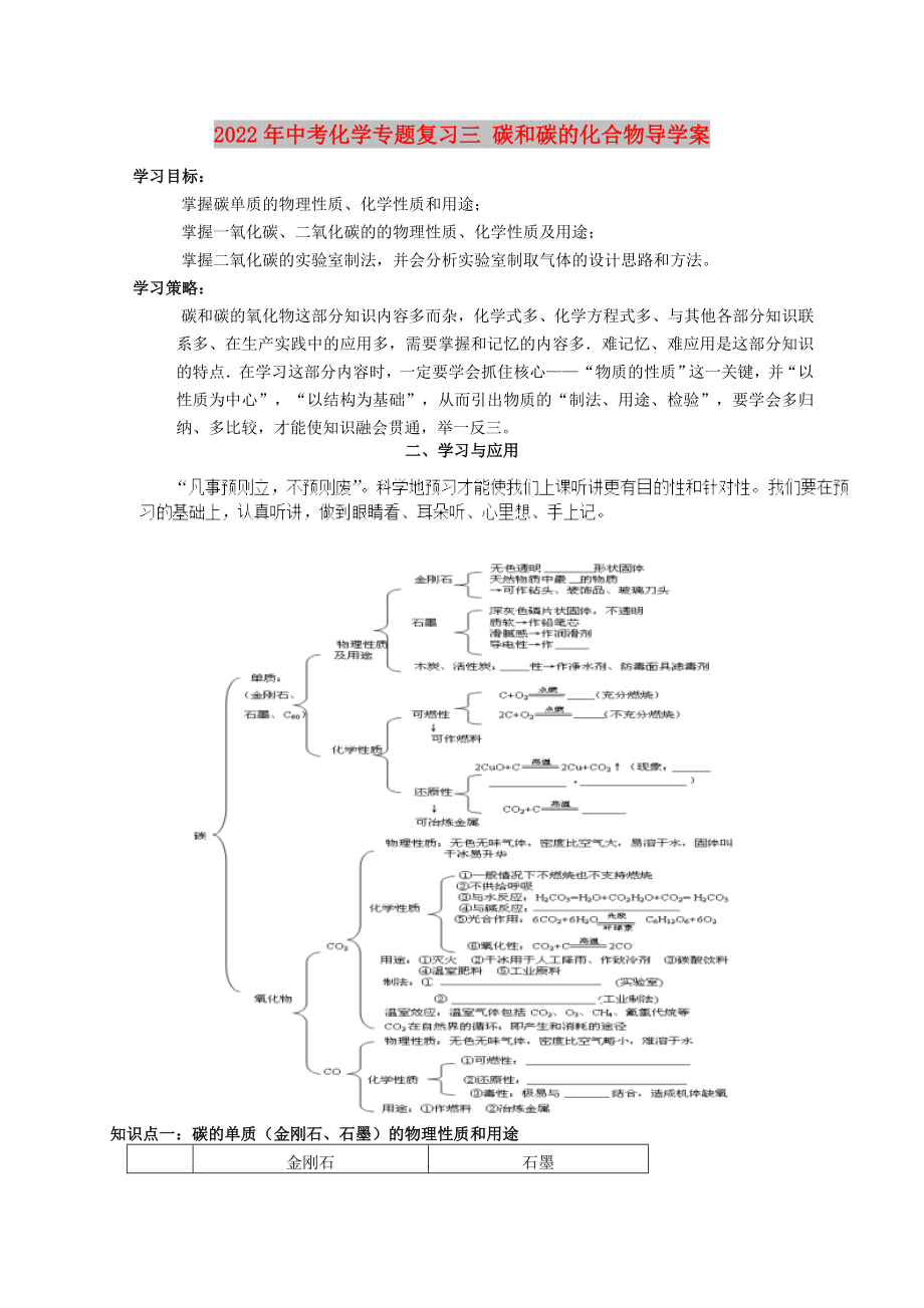 2022年中考化學(xué)專題復(fù)習(xí)三 碳和碳的化合物導(dǎo)學(xué)案_第1頁