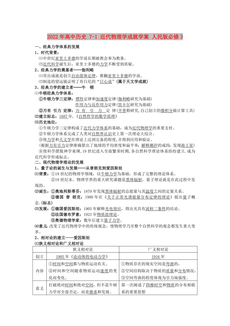 2022年高中歷史 7-1 近代物理學(xué)成就學(xué)案 人民版必修3_第1頁(yè)