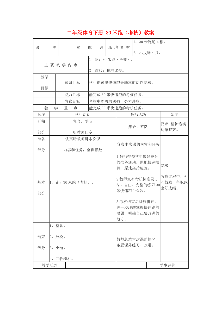 二年級體育下冊 30米跑（考核）教案_第1頁