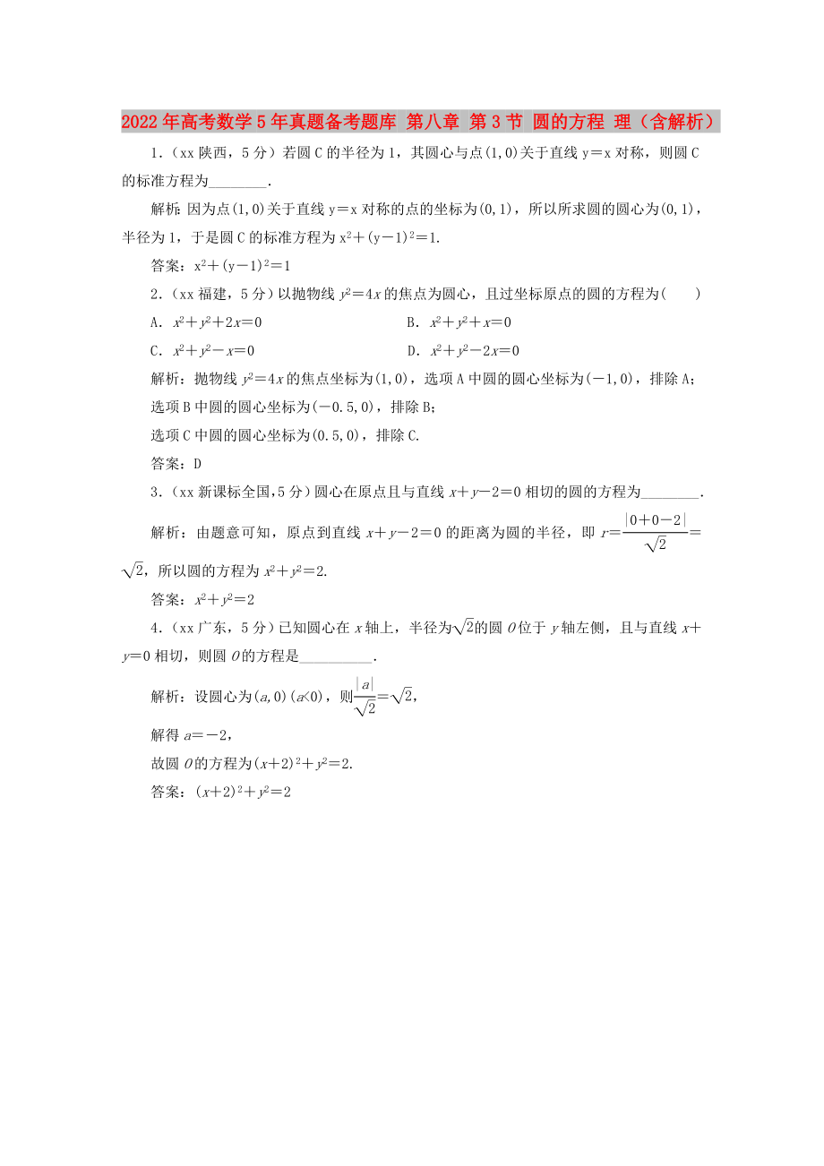 2022年高考數(shù)學(xué)5年真題備考題庫(kù) 第八章 第3節(jié) 圓的方程 理（含解析）_第1頁(yè)