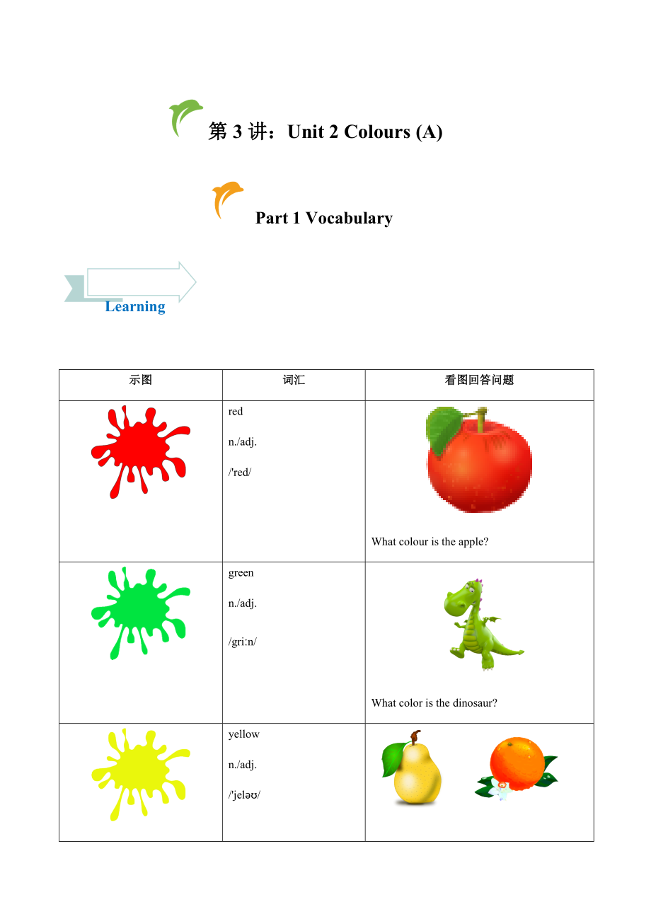 三年級(jí)上冊(cè)英語(yǔ)素材Unit 2 Colours（A）--學(xué)生版講義 人教Pep_第1頁(yè)