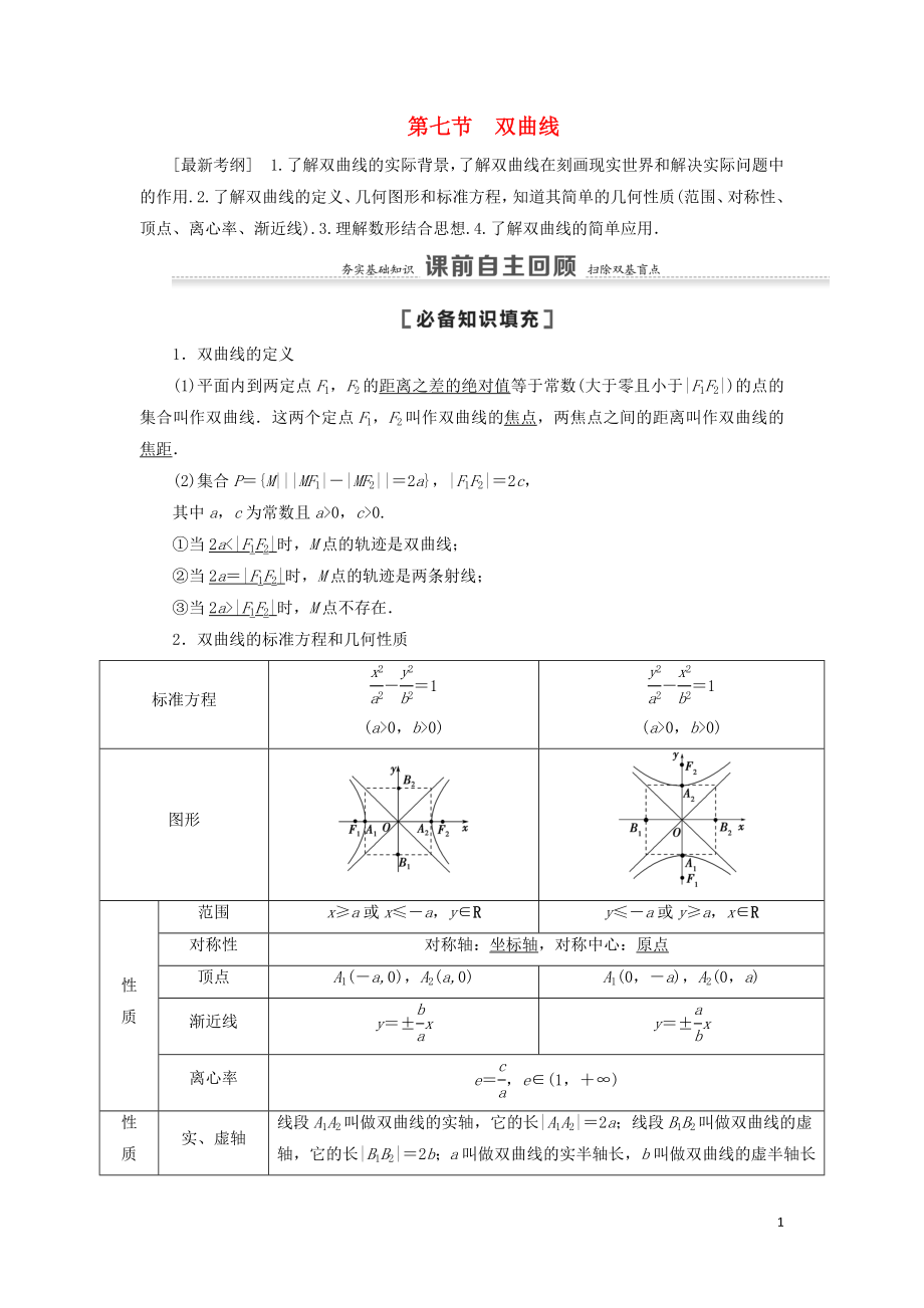 2021高考數(shù)學一輪復習 第9章 平面解析幾何 第7節(jié) 雙曲線教學案 理 北師大版_第1頁