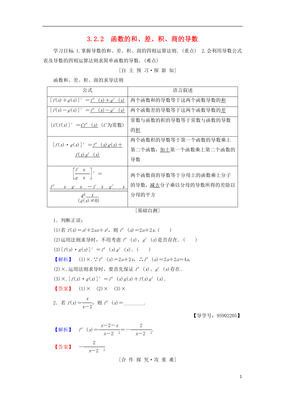 （江蘇專用）2018-2019學(xué)年高中數(shù)學(xué) 第三章 導(dǎo)數(shù)及其應(yīng)用 3.2 導(dǎo)數(shù)的運算 3.2.2 函數(shù)的和、差、積、商的導(dǎo)數(shù)學(xué)案 蘇教版選修1-1_第1頁