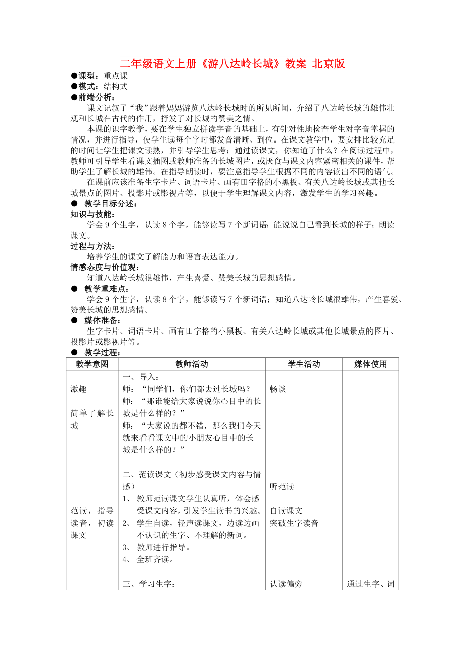 二年級(jí)語(yǔ)文上冊(cè)《游八達(dá)嶺長(zhǎng)城》教案 北京版_第1頁(yè)