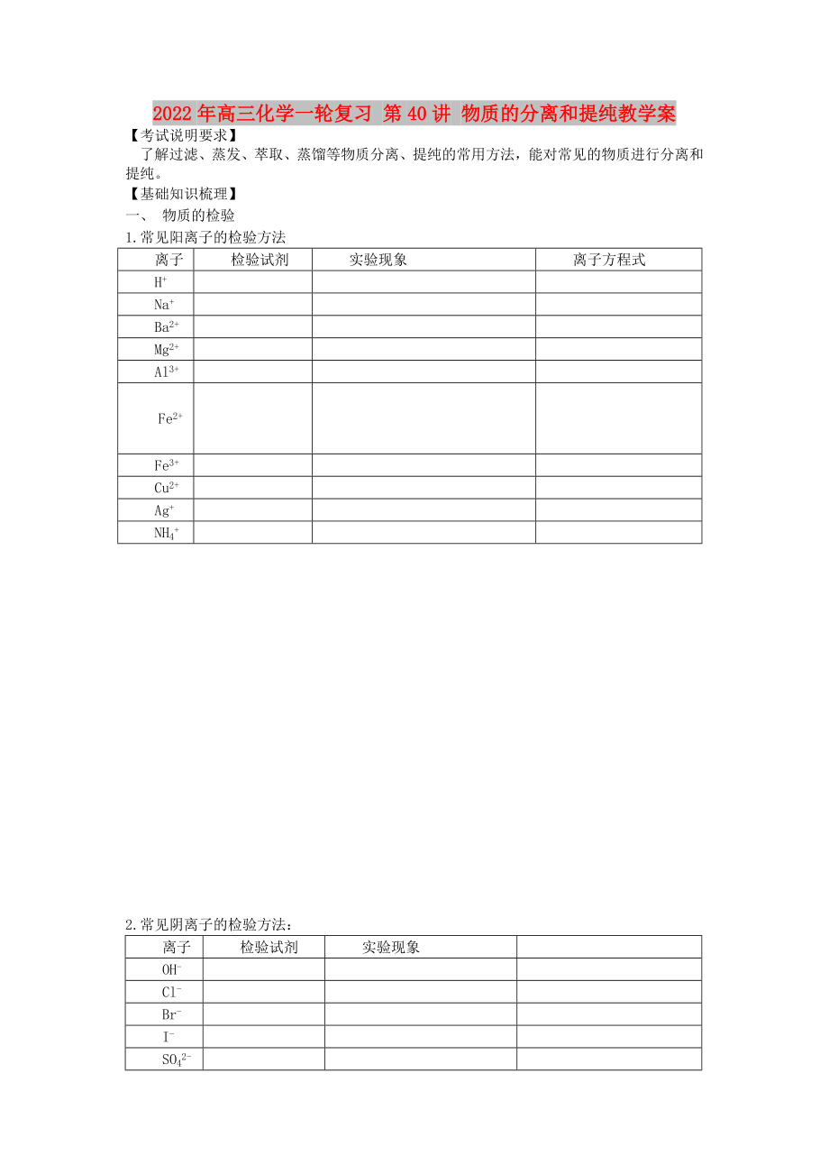 2022年高三化學(xué)一輪復(fù)習(xí) 第40講 物質(zhì)的分離和提純教學(xué)案_第1頁(yè)