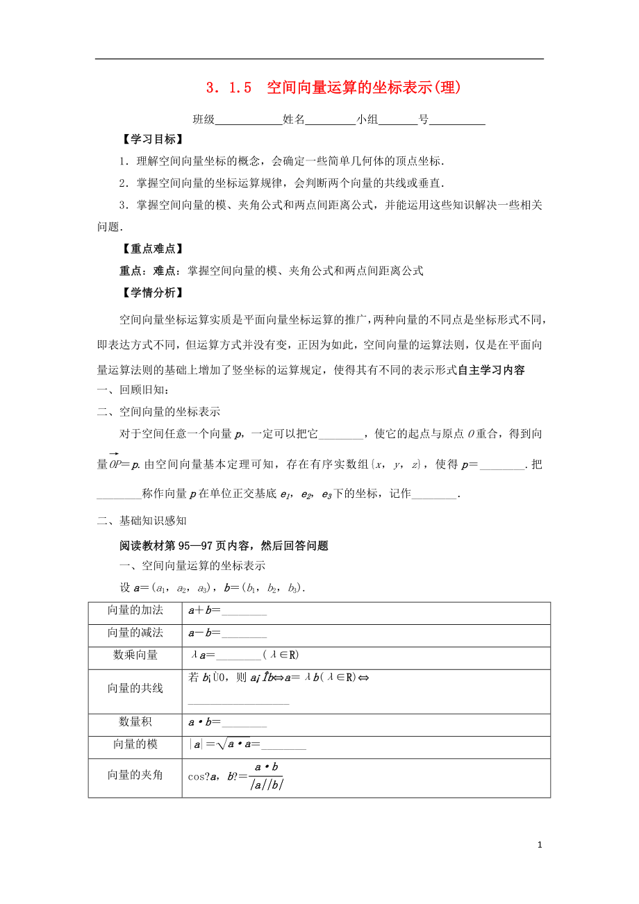 河北省石家莊市高中數(shù)學(xué) 第三章 空間向量與立體幾何 3.1.5 空間向量運(yùn)算的坐標(biāo)表示學(xué)案（無(wú)答案）理 新人教A版選修2-1_第1頁(yè)