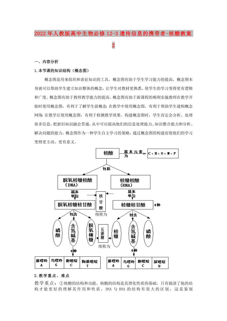 2022年人教版高中生物必修1 2-3遺傳信息的攜帶者-核酸教案2_第1頁