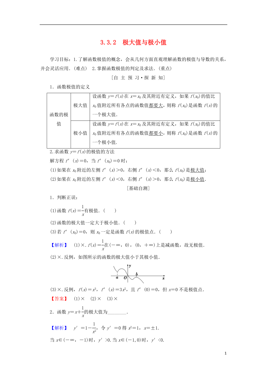 （江蘇專用）2018-2019學(xué)年高中數(shù)學(xué) 第三章 導(dǎo)數(shù)及其應(yīng)用 3.3 導(dǎo)數(shù)在研究函數(shù)中的應(yīng)用 3.3.2 極大值與極小值學(xué)案 蘇教版選修1-1_第1頁