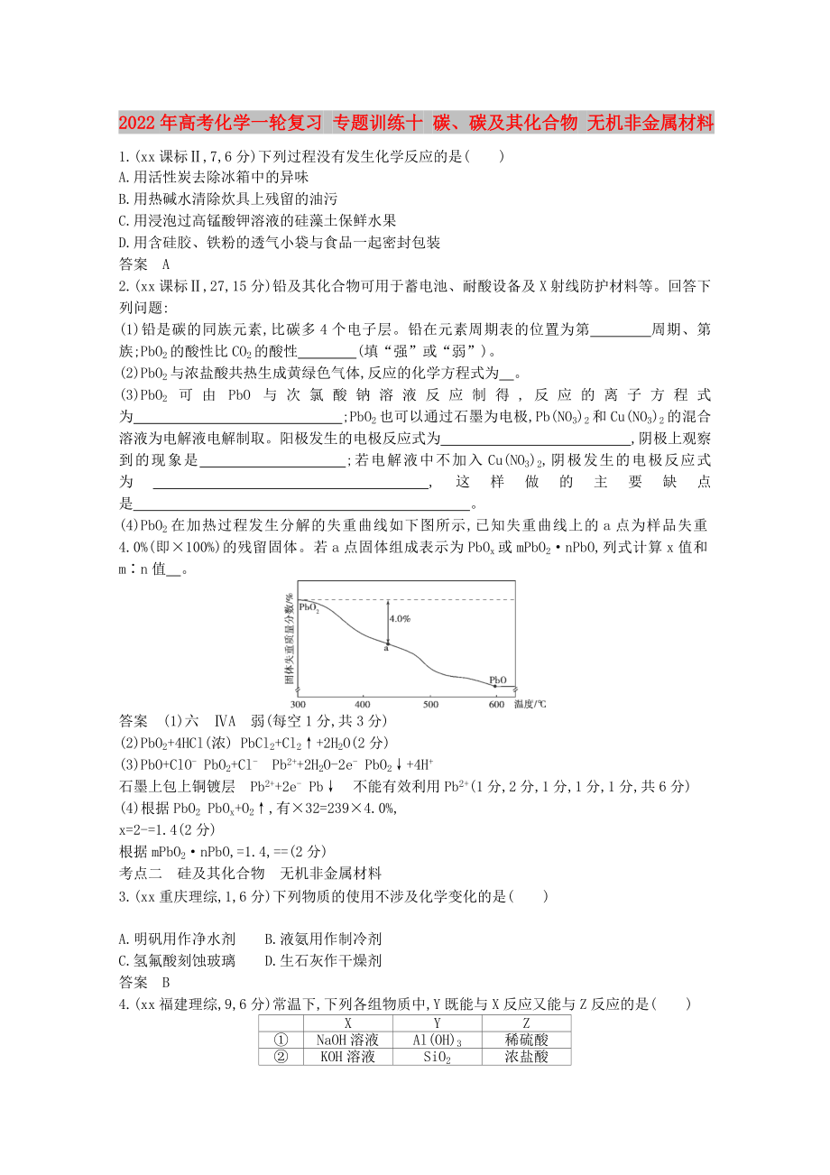 2022年高考化學(xué)一輪復(fù)習(xí) 專題訓(xùn)練十 碳、碳及其化合物 無機(jī)非金屬材料_第1頁