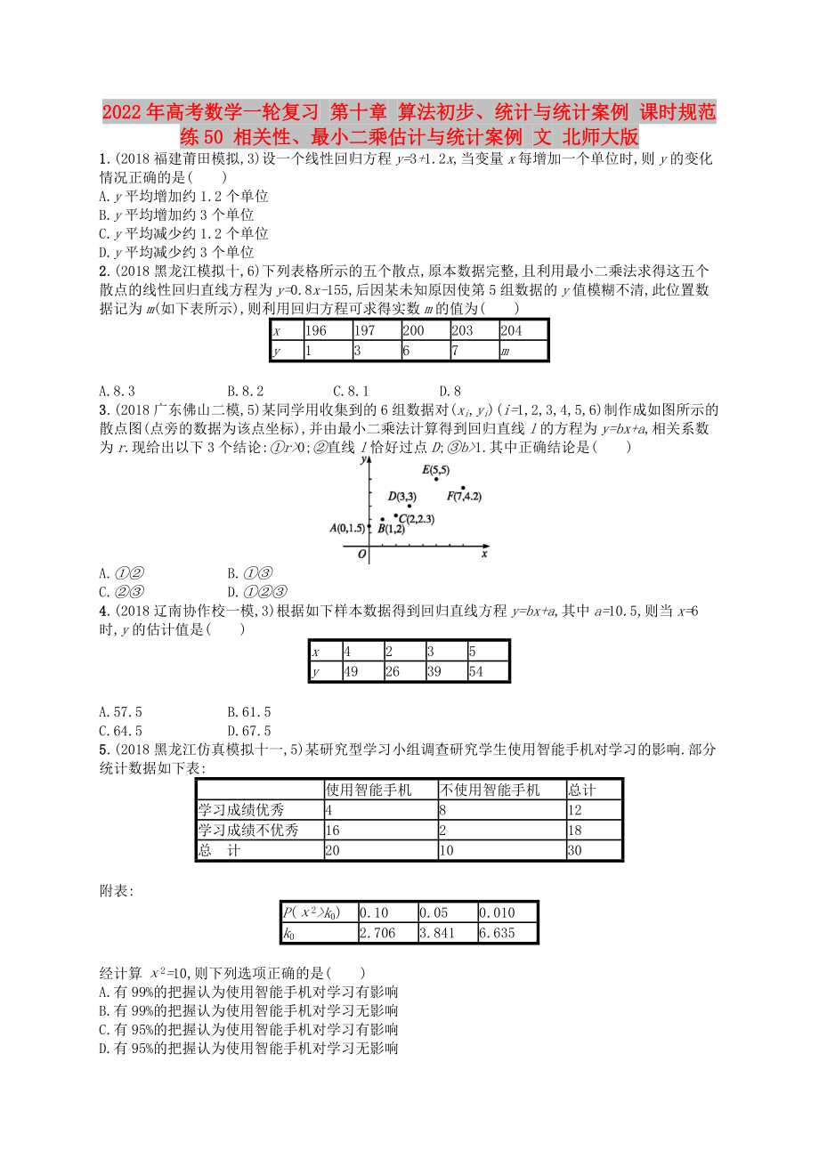 2022年高考數(shù)學(xué)一輪復(fù)習(xí) 第十章 算法初步、統(tǒng)計與統(tǒng)計案例 課時規(guī)范練50 相關(guān)性、最小二乘估計與統(tǒng)計案例 文 北師大版_第1頁