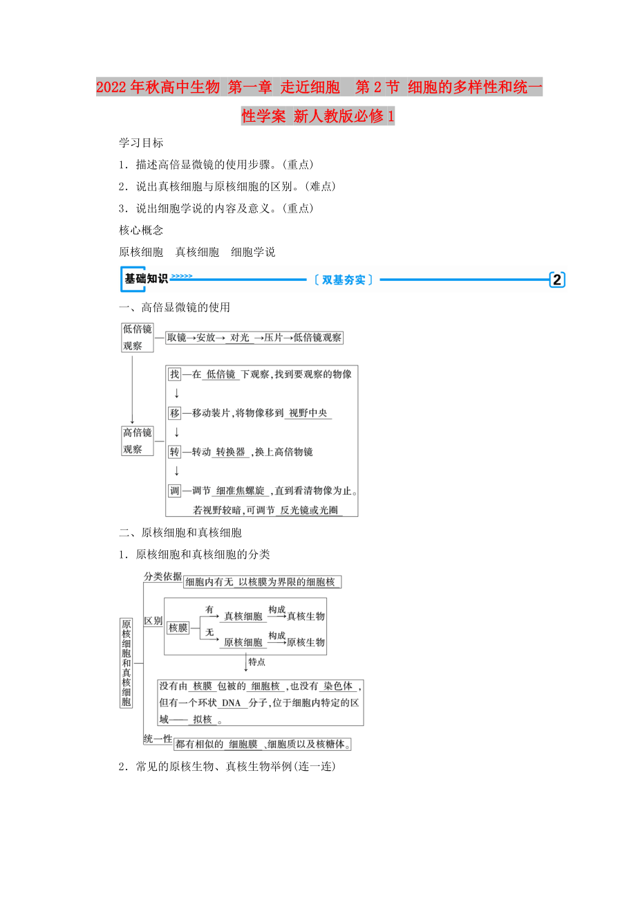 2022年秋高中生物 第一章 走近細(xì)胞第2節(jié) 細(xì)胞的多樣性和統(tǒng)一性學(xué)案 新人教版必修1_第1頁(yè)