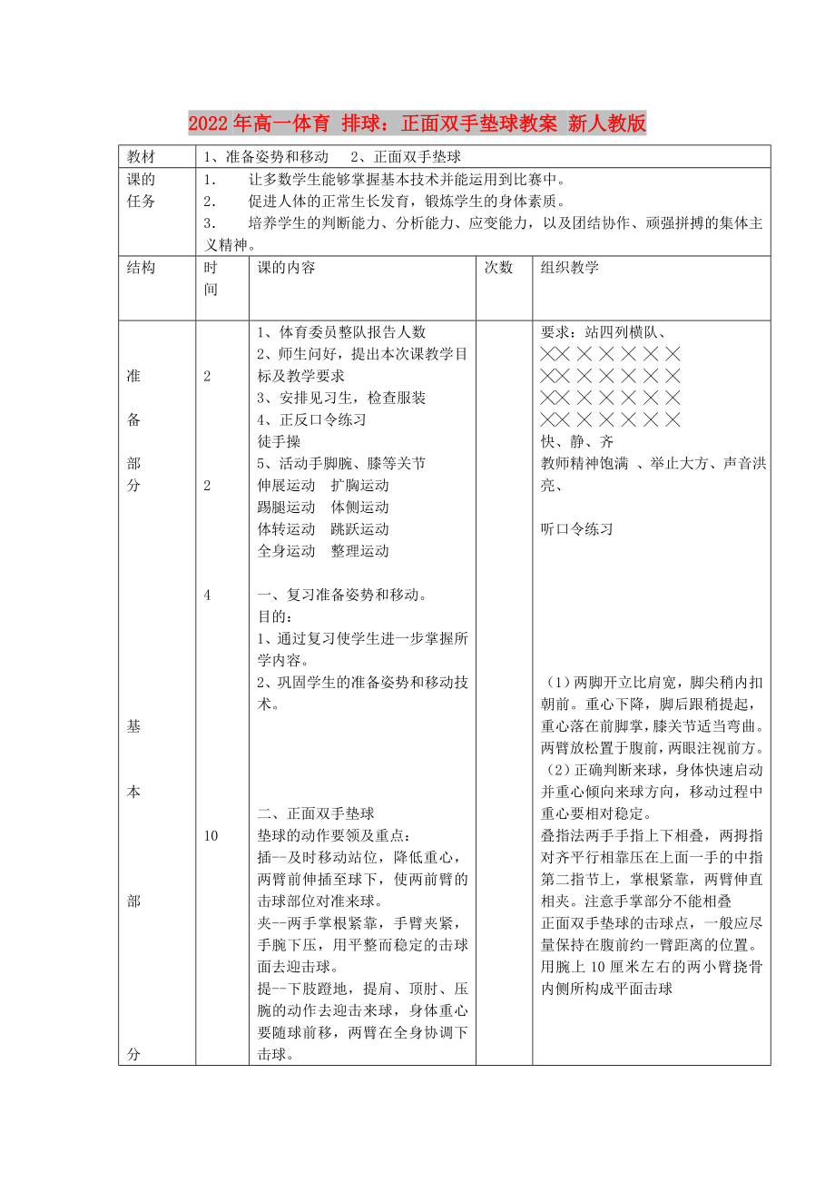 2022年高一體育 排球：正面雙手墊球教案 新人教版_第1頁(yè)