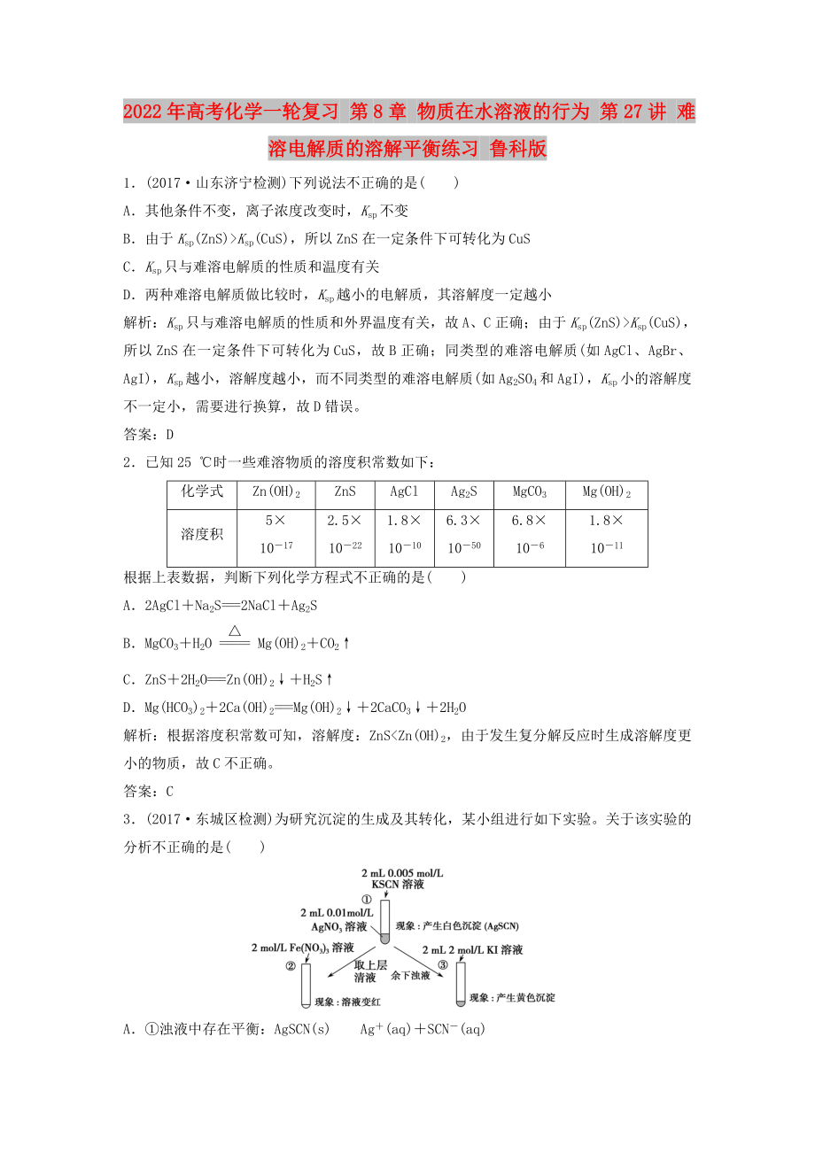 2022年高考化學(xué)一輪復(fù)習(xí) 第8章 物質(zhì)在水溶液的行為 第27講 難溶電解質(zhì)的溶解平衡練習(xí) 魯科版_第1頁