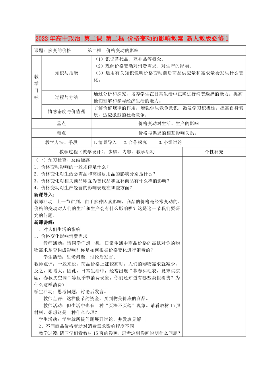 2022年高中政治 第二課 第二框 價(jià)格變動(dòng)的影響教案 新人教版必修1_第1頁(yè)