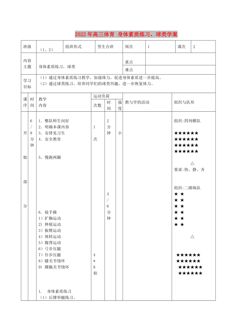 2022年高三體育 身體素質(zhì)練習(xí)球類學(xué)案_第1頁(yè)