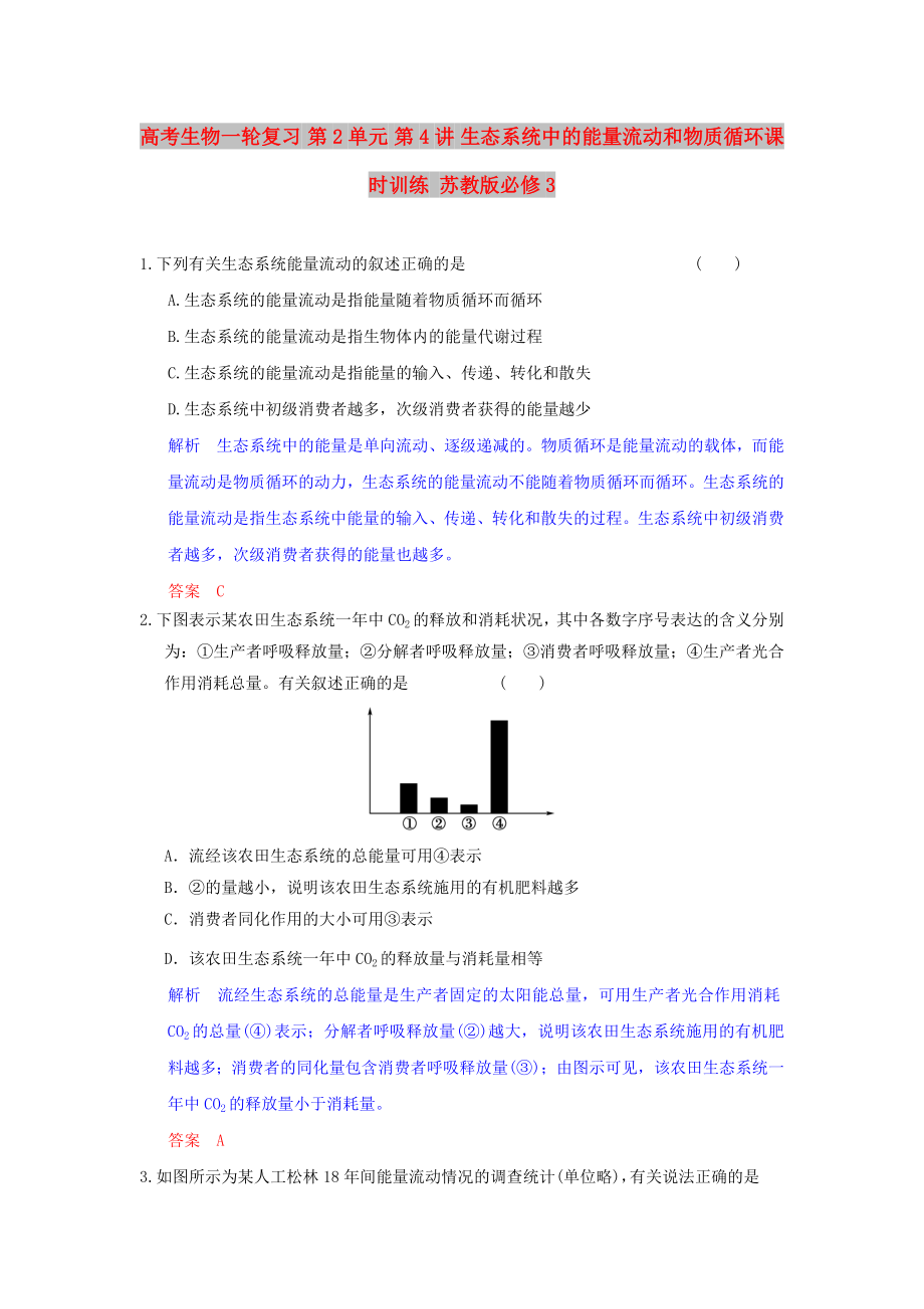 高考生物一輪復(fù)習(xí) 第2單元 第4講 生態(tài)系統(tǒng)中的能量流動(dòng)和物質(zhì)循環(huán)課時(shí)訓(xùn)練 蘇教版必修3_第1頁