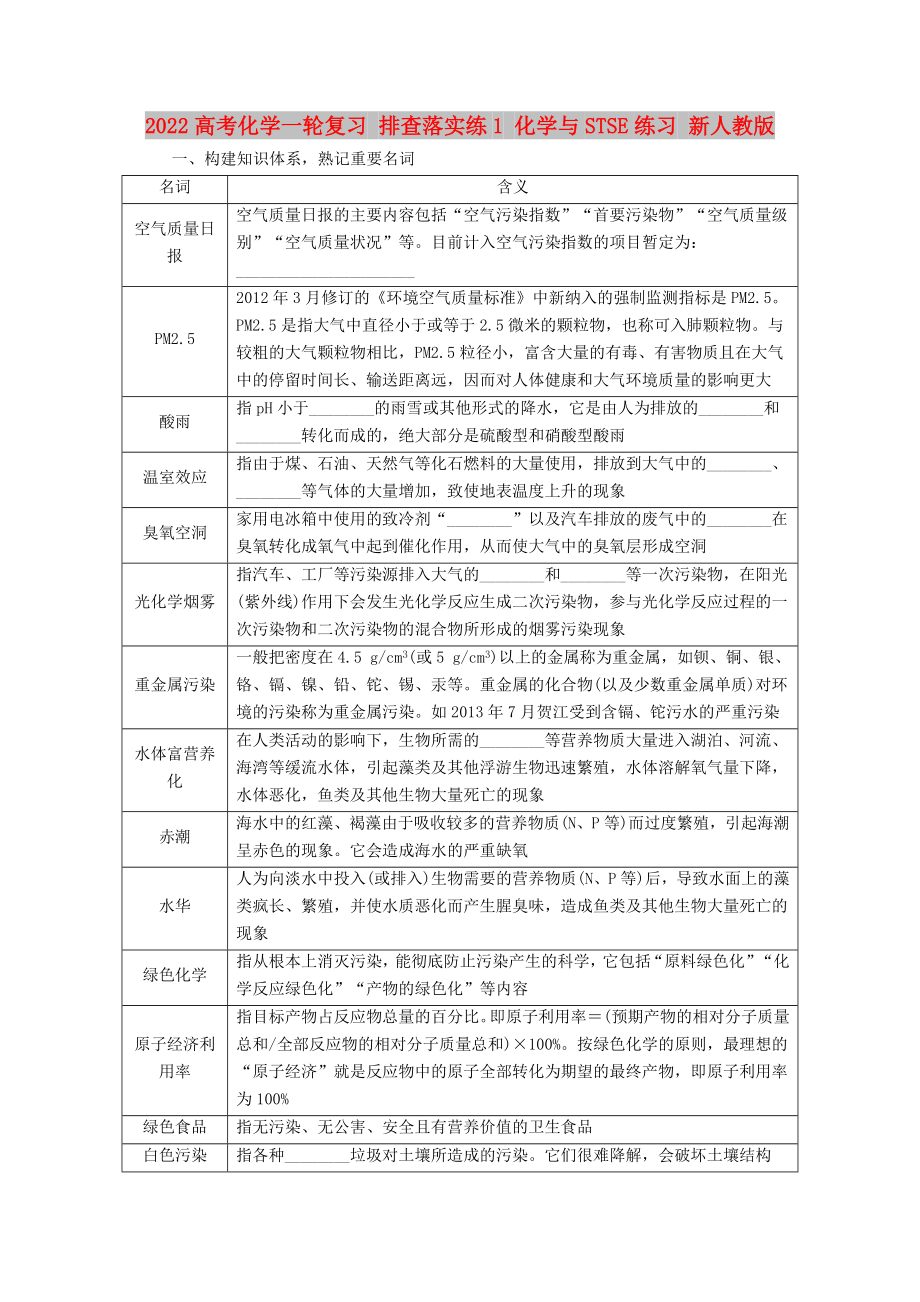 2022高考化學(xué)一輪復(fù)習(xí) 排查落實(shí)練1 化學(xué)與STSE練習(xí) 新人教版_第1頁(yè)