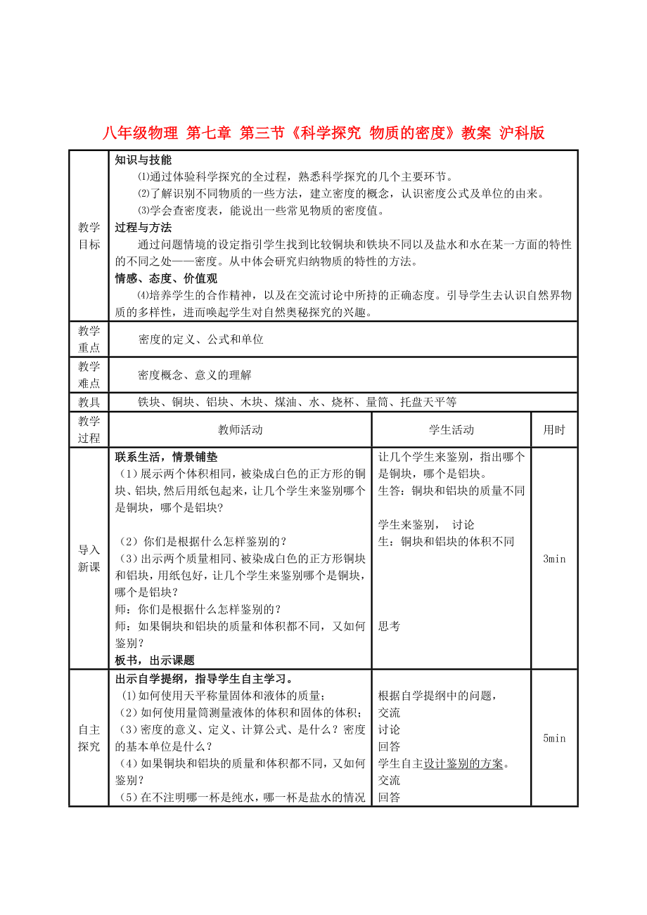 八年級物理 第七章 第三節(jié)《科學(xué)探究 物質(zhì)的密度》教案 滬科版_第1頁