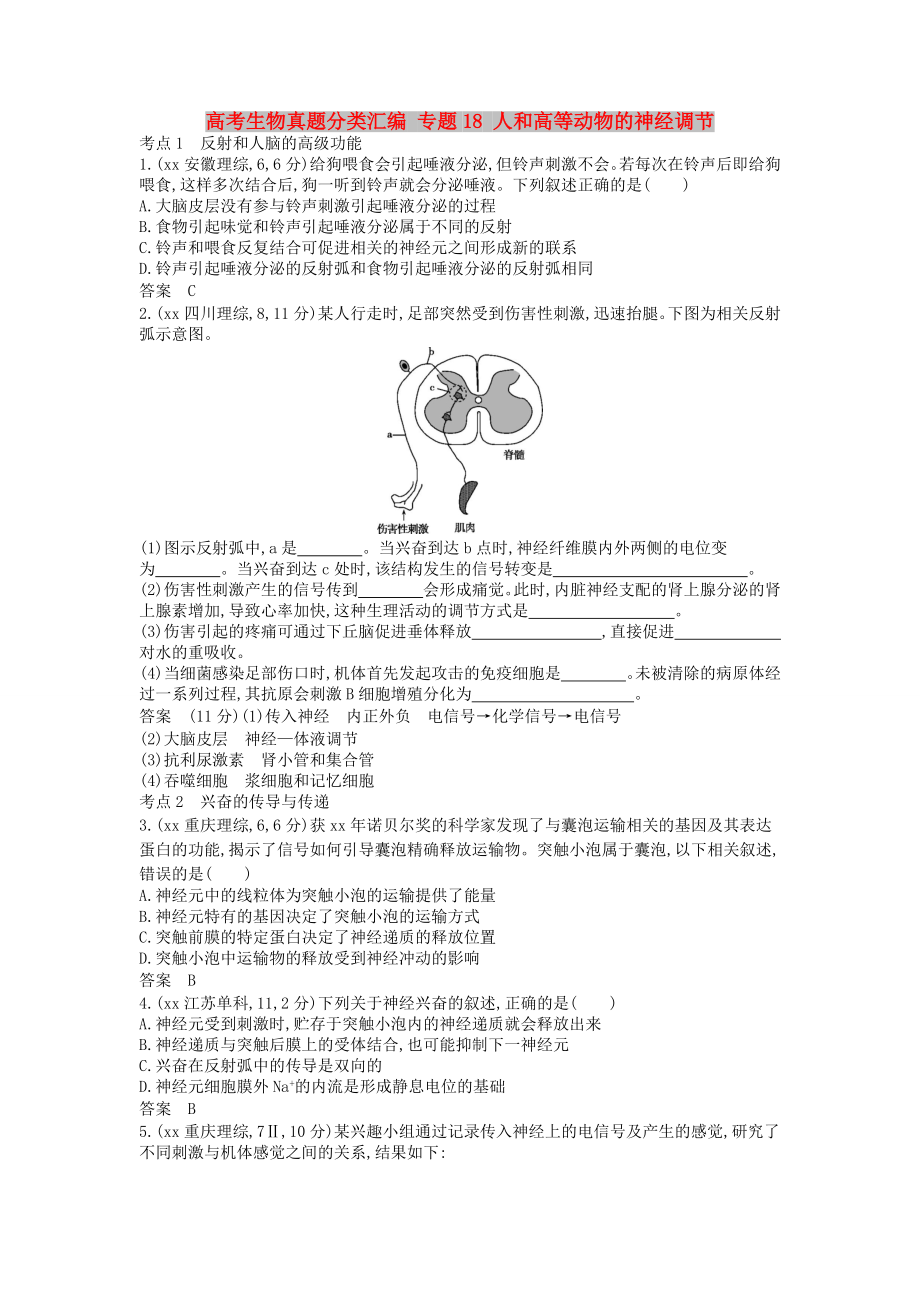 高考生物真題分類匯編 專題18 人和高等動物的神經(jīng)調(diào)節(jié)_第1頁