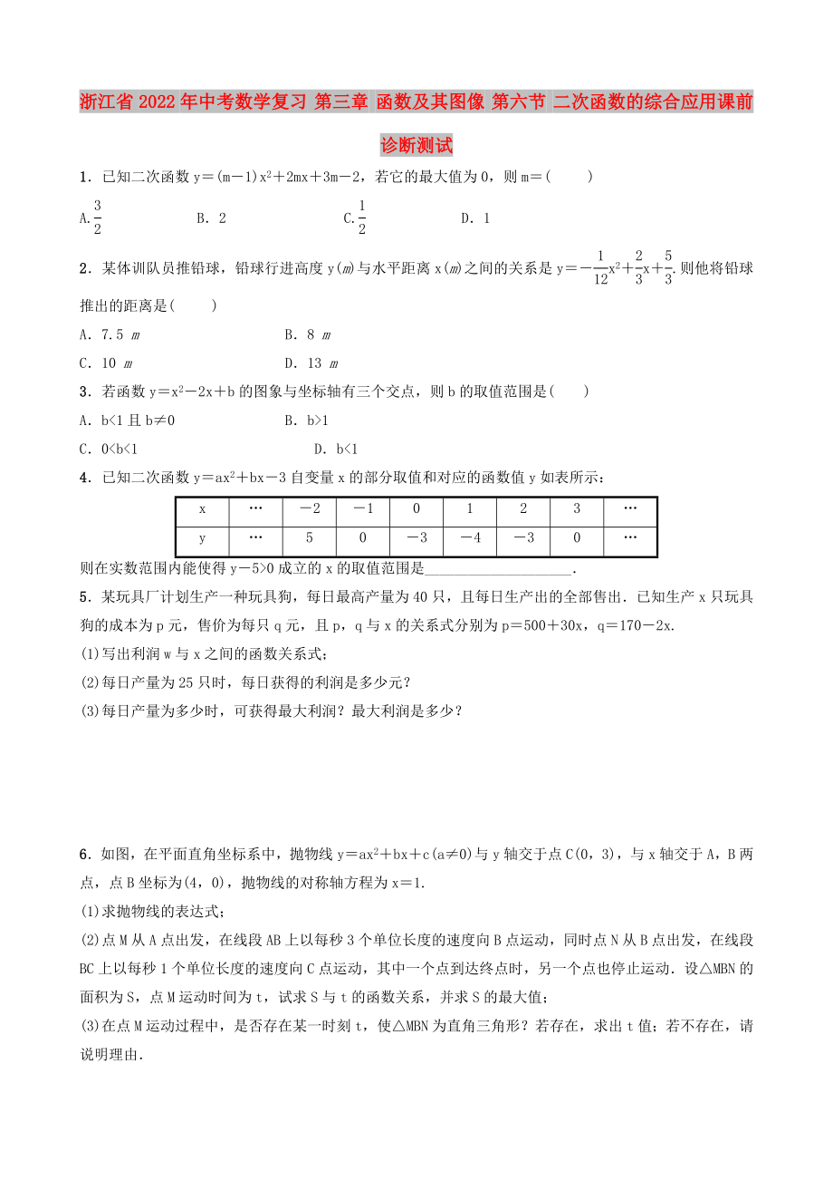 浙江省2022年中考數(shù)學復習 第三章 函數(shù)及其圖像 第六節(jié) 二次函數(shù)的綜合應用課前診斷測試_第1頁