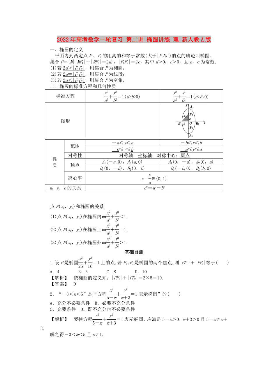 2022年高考数学一轮复习 第二讲 椭圆讲练 理 新人教A版_第1页