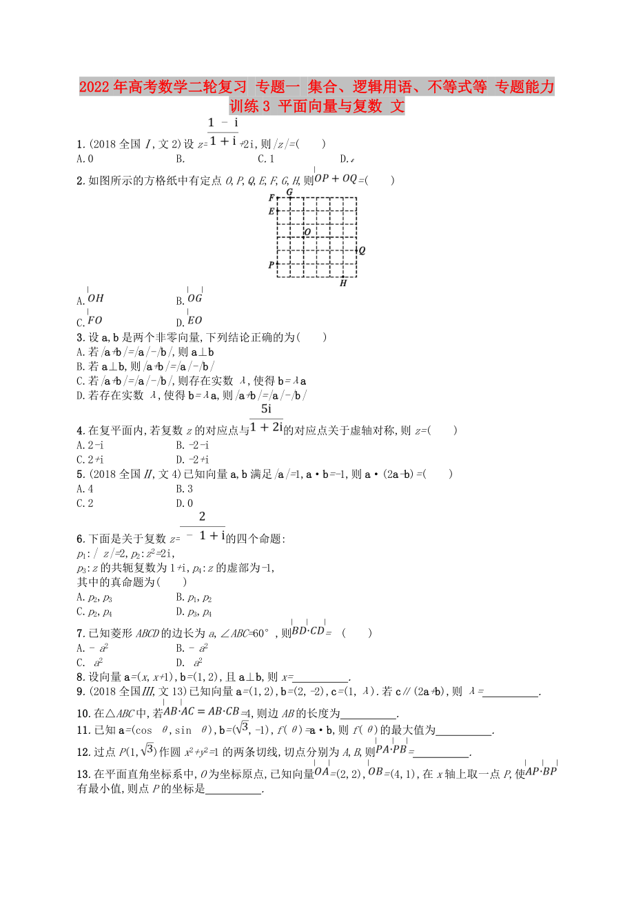 2022年高考數(shù)學(xué)二輪復(fù)習(xí) 專題一 集合、邏輯用語、不等式等 專題能力訓(xùn)練3 平面向量與復(fù)數(shù) 文_第1頁