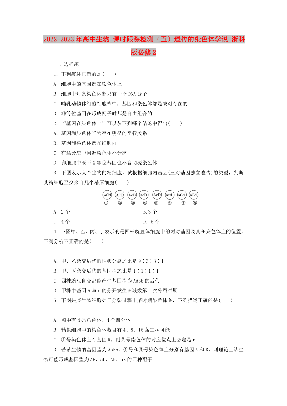 2022-2023年高中生物 課時(shí)跟蹤檢測（五）遺傳的染色體學(xué)說 浙科版必修2_第1頁