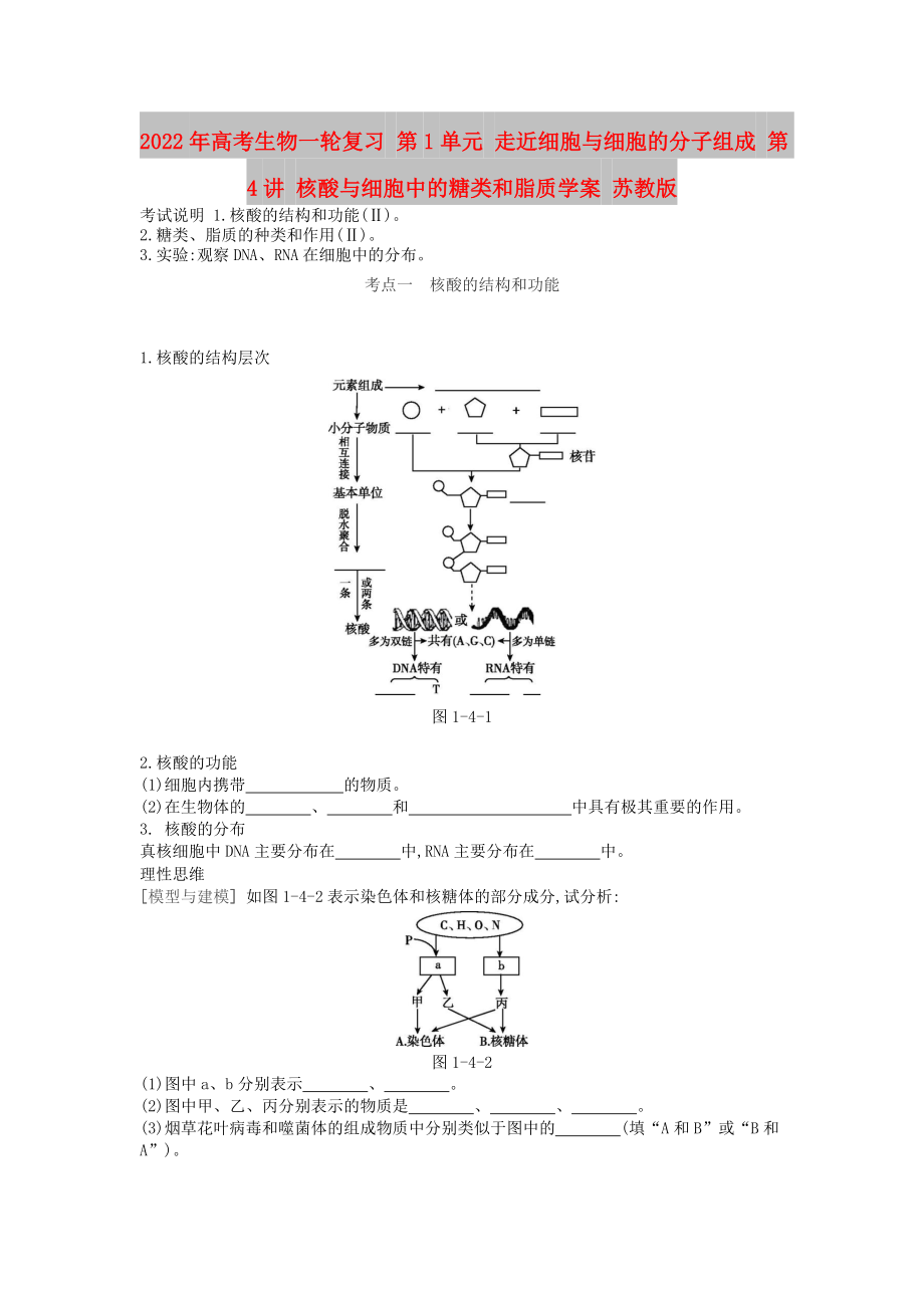 2022年高考生物一輪復(fù)習(xí) 第1單元 走近細(xì)胞與細(xì)胞的分子組成 第4講 核酸與細(xì)胞中的糖類和脂質(zhì)學(xué)案 蘇教版_第1頁(yè)