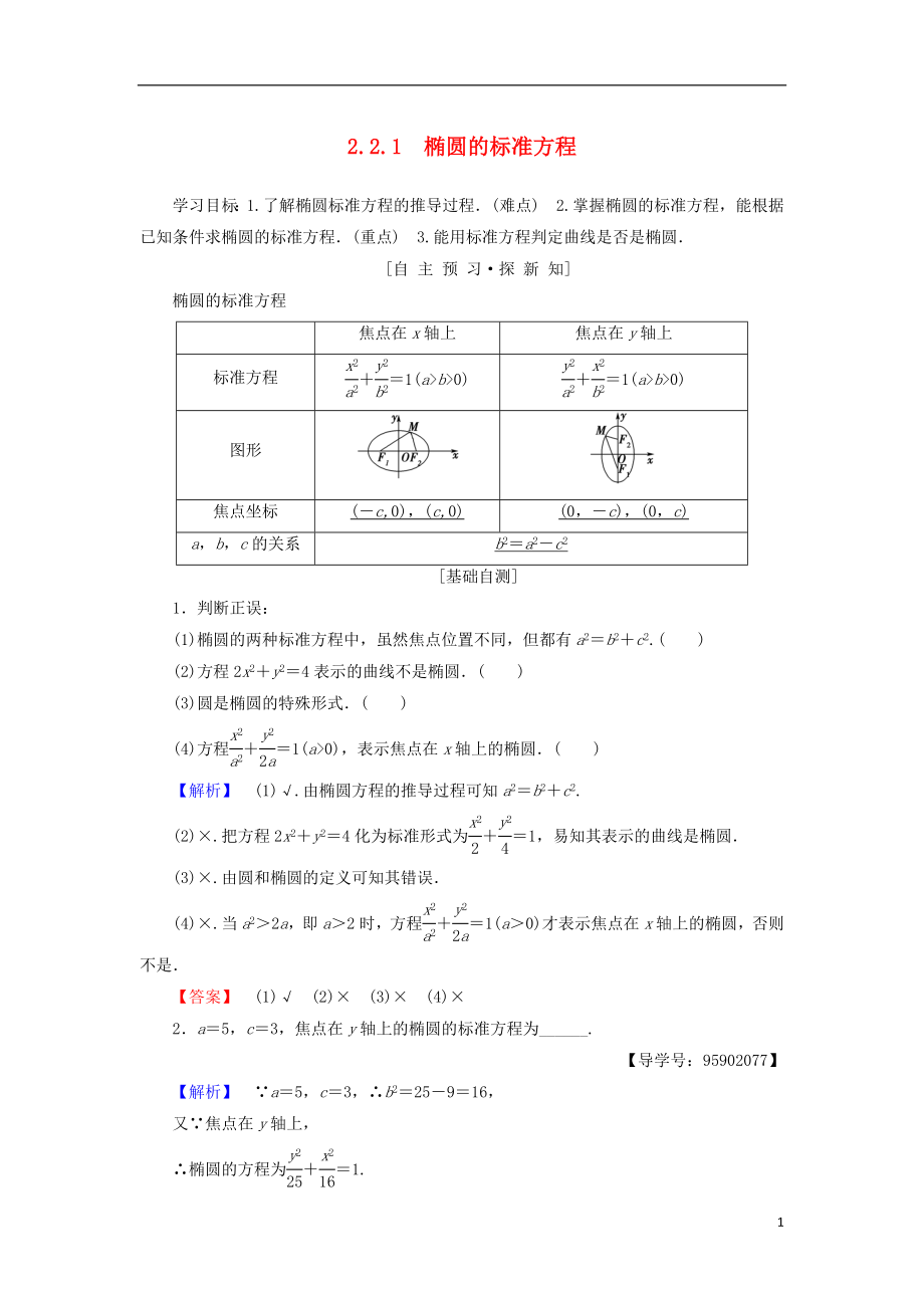 （江蘇專用）2018-2019學年高中數(shù)學 第二章 圓錐曲線與方程 2.2 橢圓 2.2.1 橢圓的標準方程學案 蘇教版選修1-1_第1頁