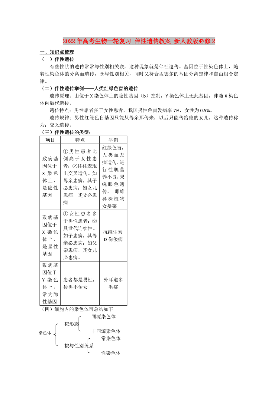 2022年高考生物一輪復(fù)習(xí) 伴性遺傳教案 新人教版必修2_第1頁