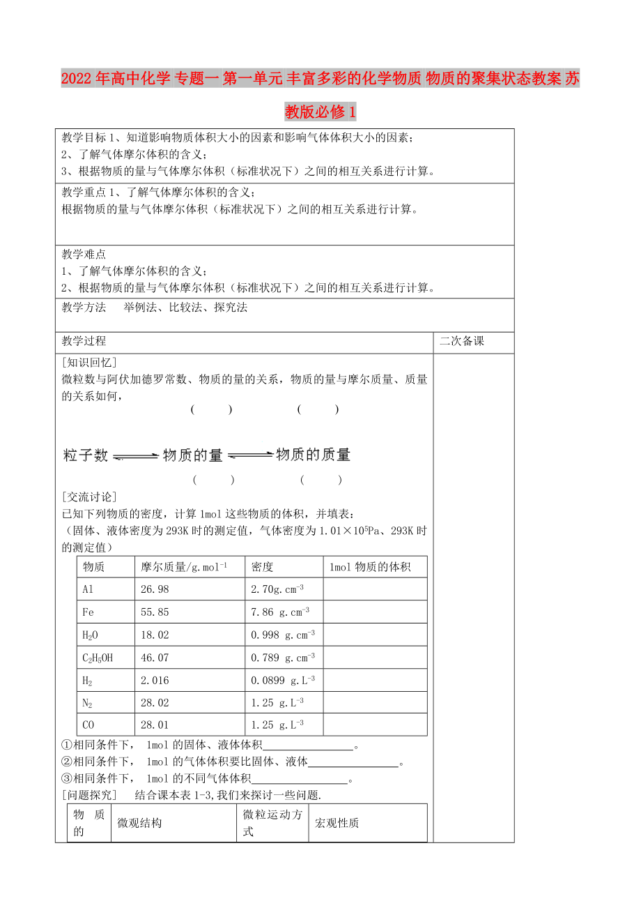 2022年高中化学 专题一 第一单元 丰富多彩的化学物质 物质的聚集状态教案 苏教版必修1_第1页