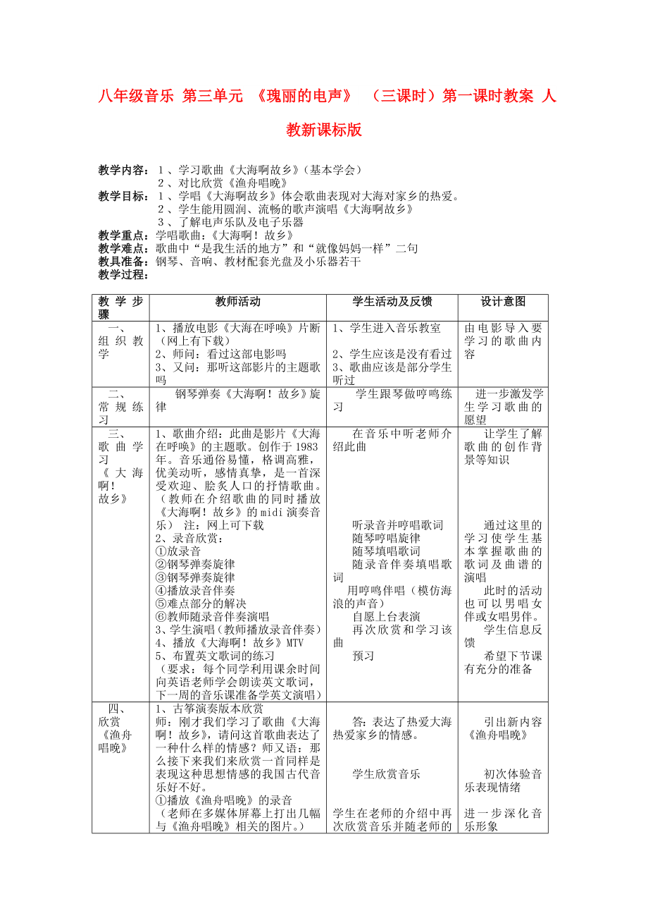 八年級(jí)音樂 第三單元 《瑰麗的電聲》 （三課時(shí)）第一課時(shí)教案 人教新課標(biāo)版_第1頁(yè)