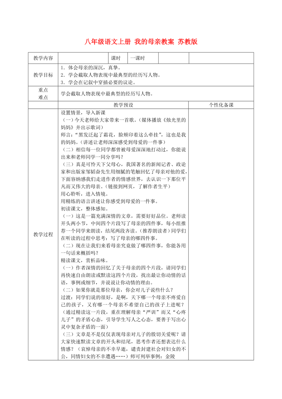 八年級語文上冊 我的母親教案 蘇教版_第1頁