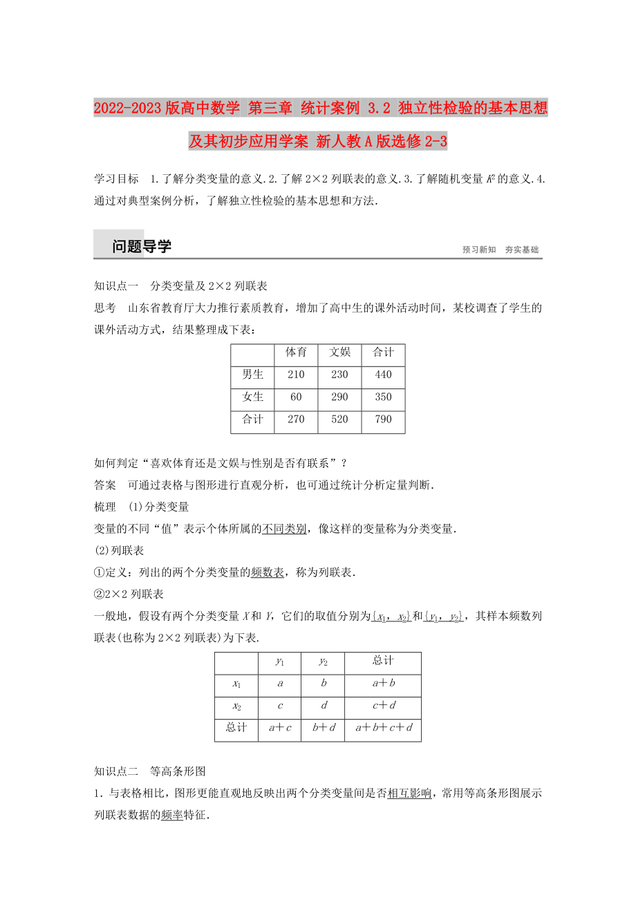 2022-2023版高中數(shù)學 第三章 統(tǒng)計案例 3.2 獨立性檢驗的基本思想及其初步應用學案 新人教A版選修2-3_第1頁