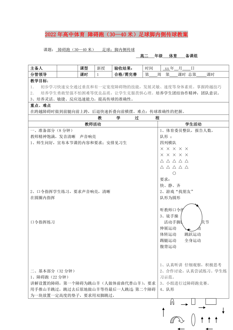 2022年高中體育 障礙跑（30—40米）足球腳內(nèi)側(cè)傳球教案_第1頁