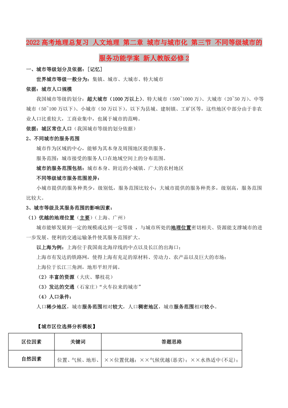 2022高考地理總復(fù)習(xí) 人文地理 第二章 城市與城市化 第三節(jié) 不同等級(jí)城市的服務(wù)功能學(xué)案 新人教版必修2_第1頁(yè)