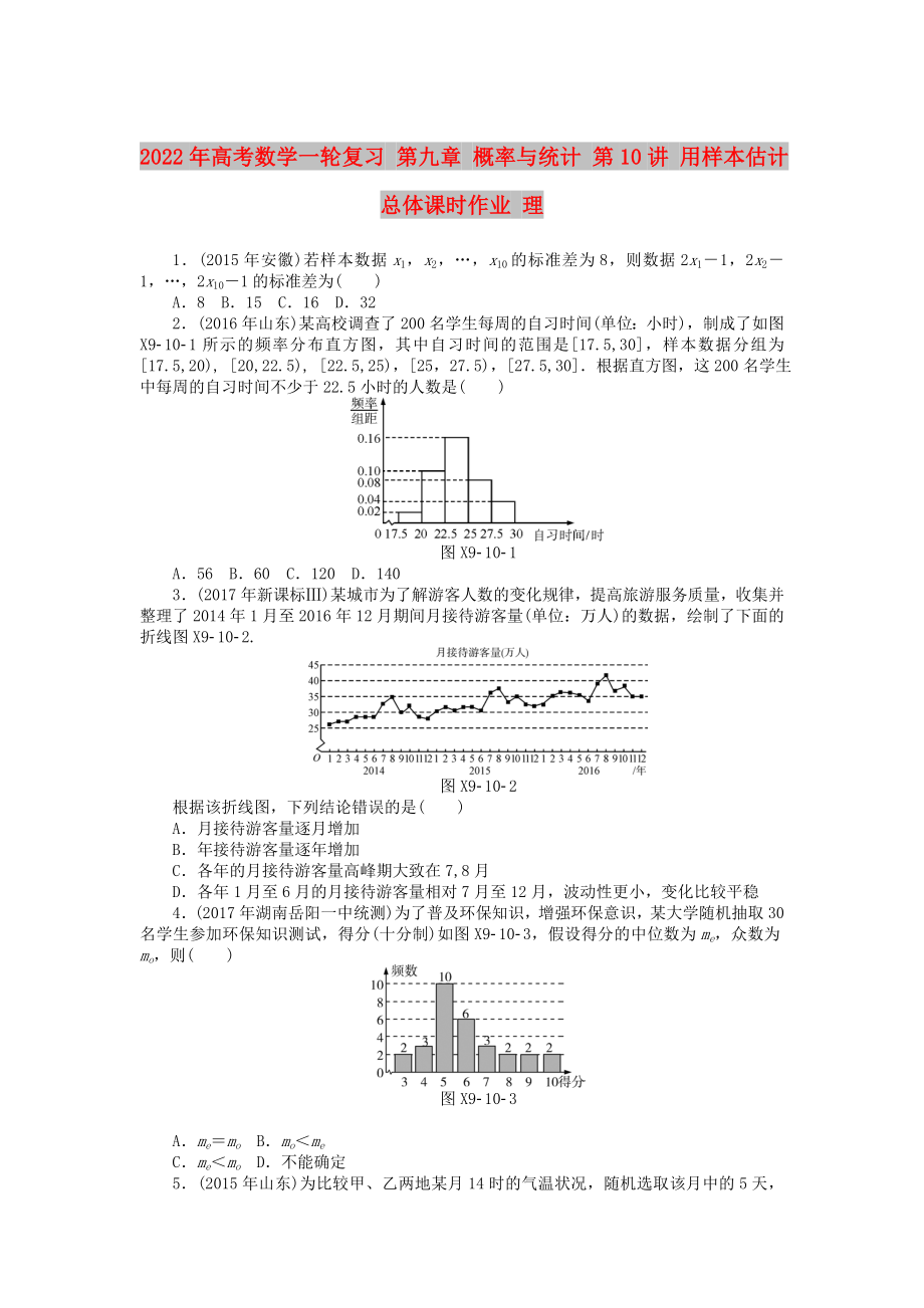 2022年高考數(shù)學(xué)一輪復(fù)習(xí) 第九章 概率與統(tǒng)計 第10講 用樣本估計總體課時作業(yè) 理_第1頁