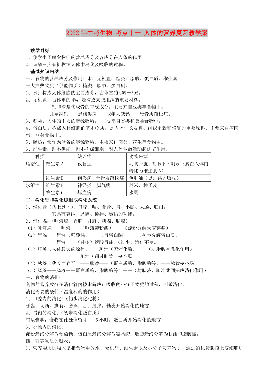 2022年中考生物 考點(diǎn)十一 人體的營(yíng)養(yǎng)復(fù)習(xí)教學(xué)案_第1頁