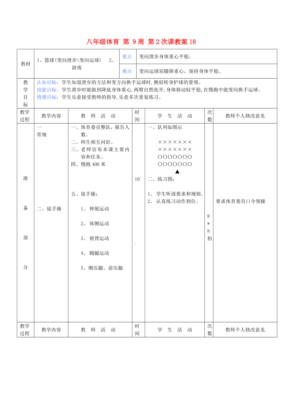 八年級體育 第 9周 第2次課教案18_第1頁