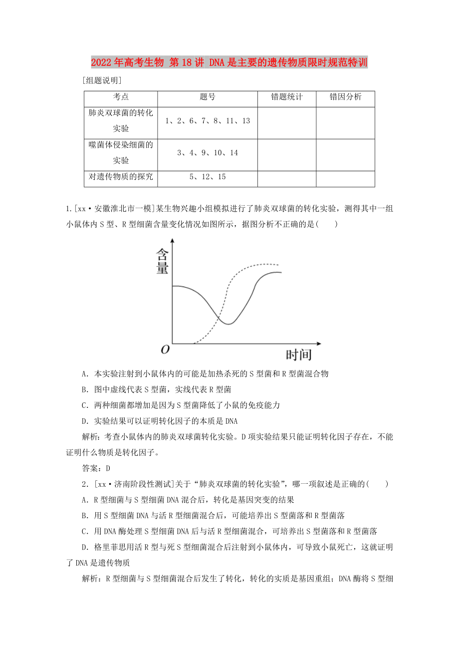 2022年高考生物 第18講 DNA是主要的遺傳物質(zhì)限時(shí)規(guī)范特訓(xùn)_第1頁(yè)