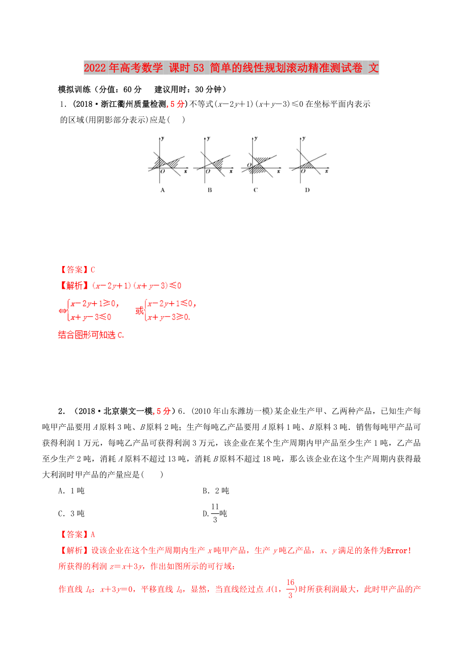 2022年高考数学 课时53 简单的线性规划滚动精准测试卷 文_第1页